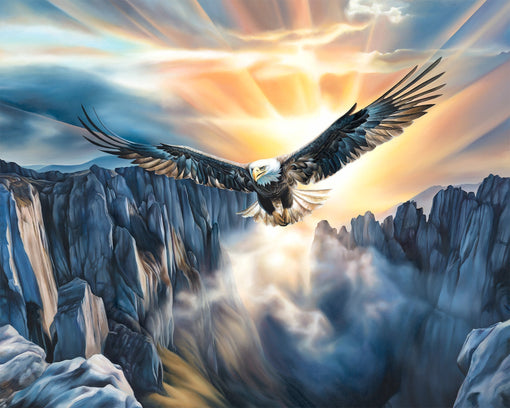 A soaring eagle flying above rugged mountain cliffs and mist-filled valley, with radiant sunlight breaking through a vast sky, inspired by Isaiah 40:31.