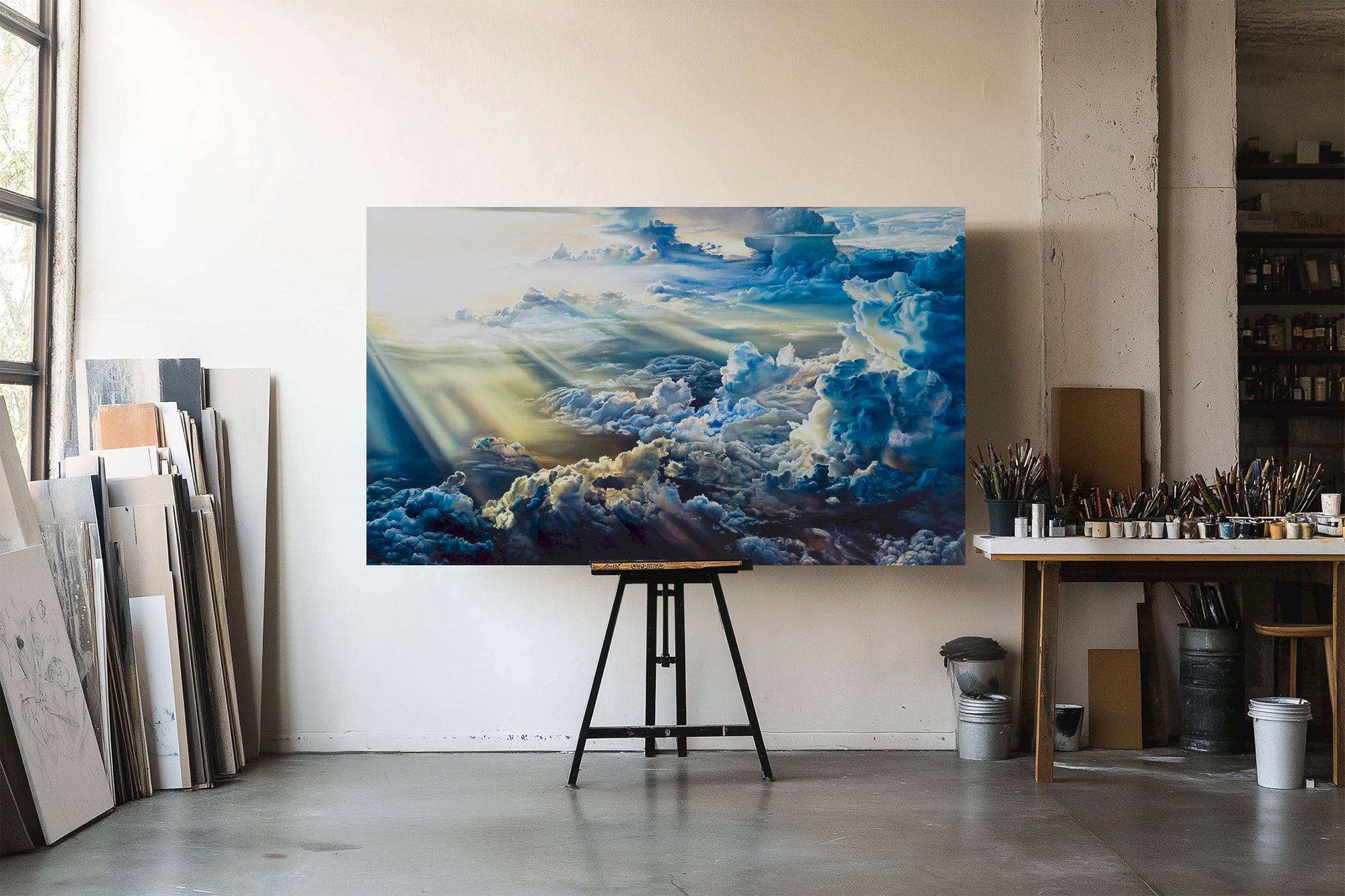 Carla Slabbert in an art studio with The Heavens Declare, original large-scale Christian oil painting inspired by Psalm 19