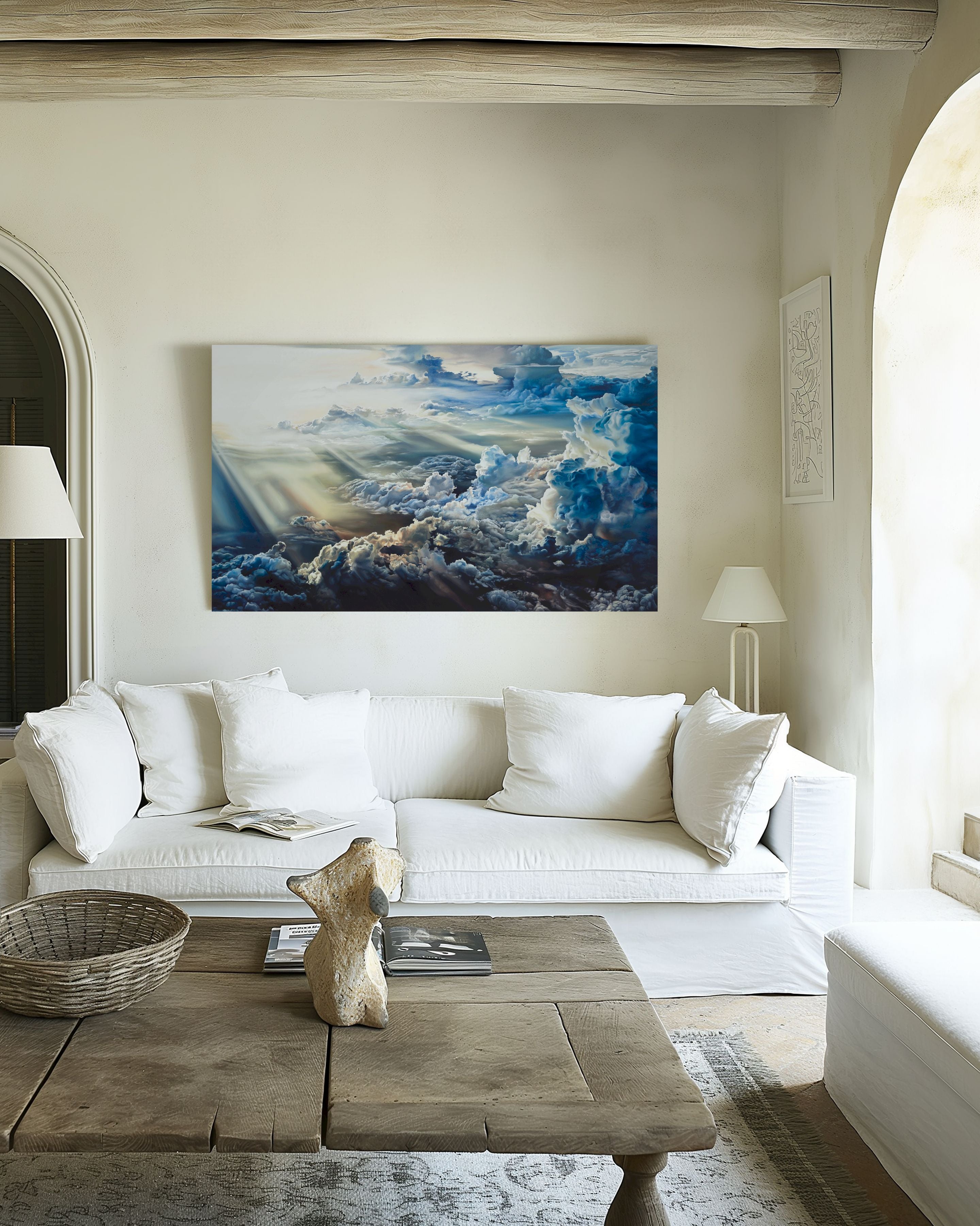 The Heavens Declare — Christian fine art print by Carla Slabbert, oil painting inspired by Psalm 19:1, dramatic cloudscape with light bursting through darkness