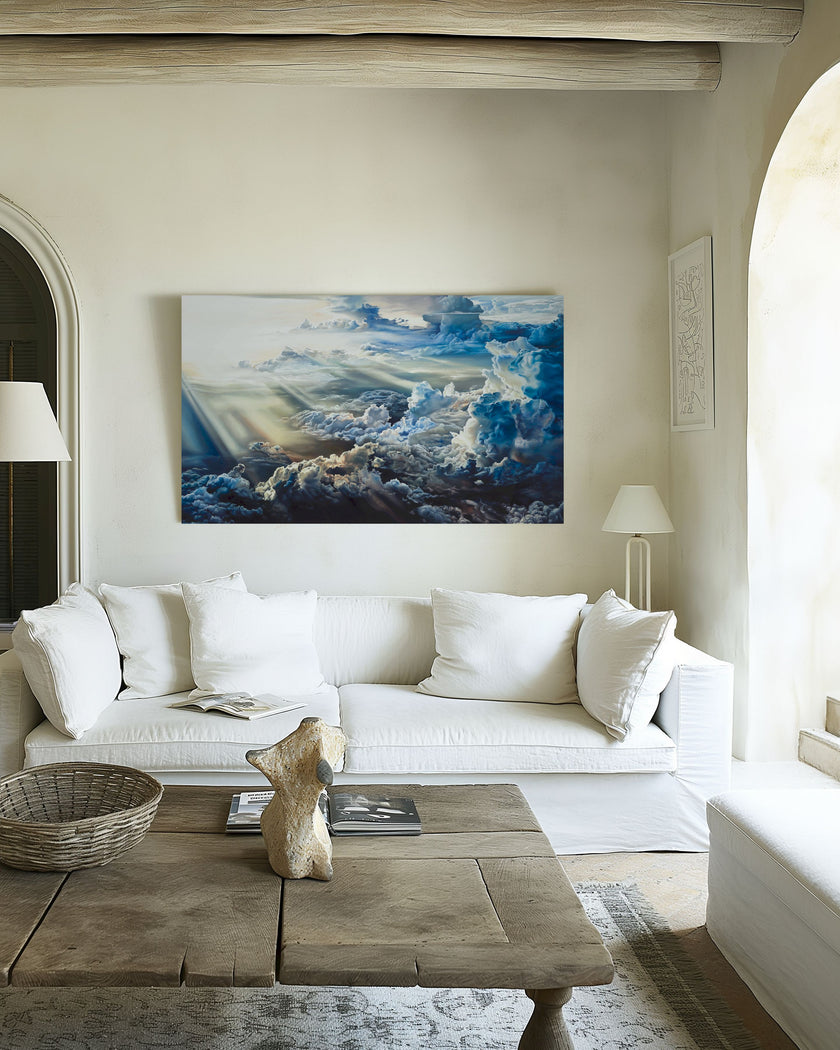 The Heavens Declare — Christian fine art print by Carla Slabbert, oil painting inspired by Psalm 19:1, dramatic cloudscape with light bursting through darkness