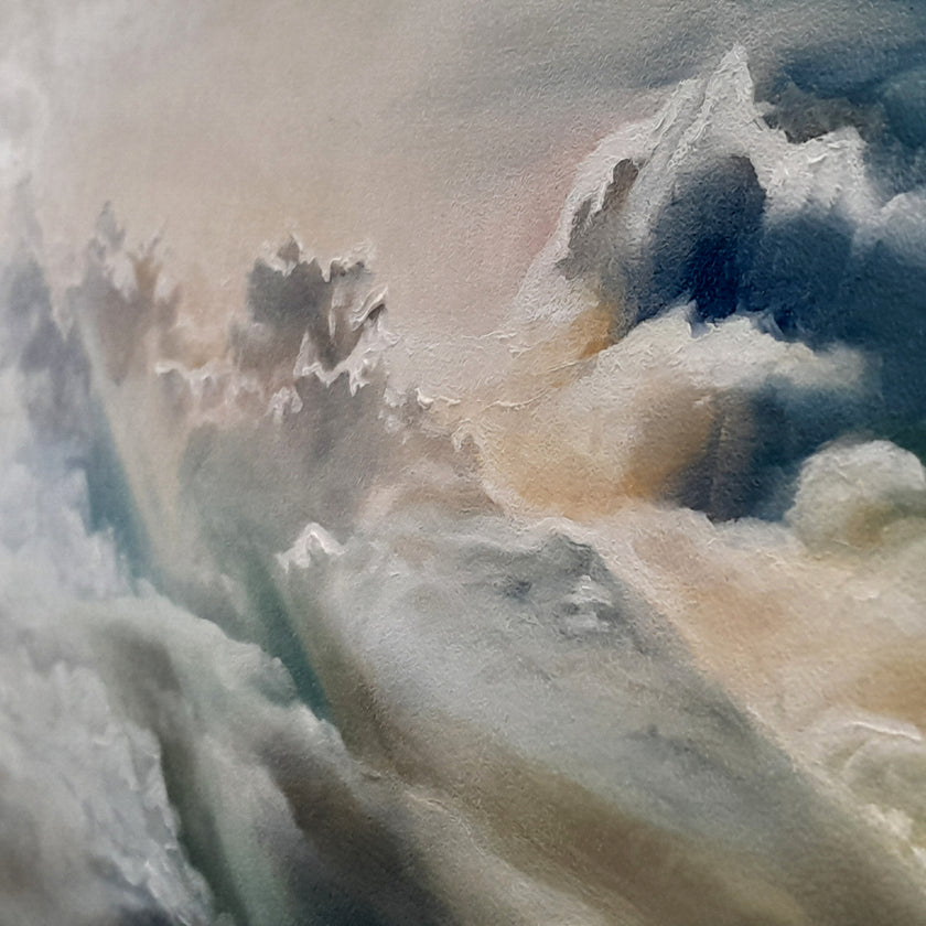 Detail of The Heavens Declare — original oil painting by Carla Slabbert, 910mm x 1530mm, dramatic cloudscape Christian artwork